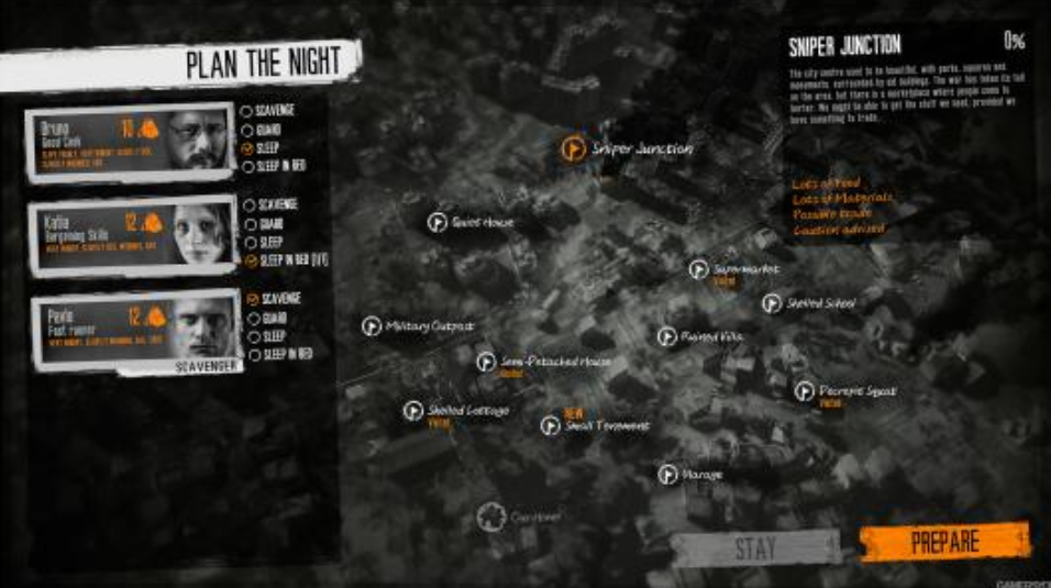 《This War of Mine》有射击游戏的玩法，但更多的是一款生存游戏，玩家需要根据个人的道德准则做出艰难的决策。“战争中，并非人人都想赴前线杀敌”，这是游戏中一句极具讽刺的口号。