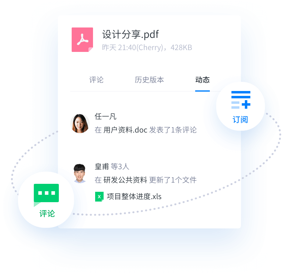 多人同时在线编辑，协作动态实时可见；收集和审阅，打造高效文件流转；多种评论方式；文件(夹)动态，让历史操作有迹可循。